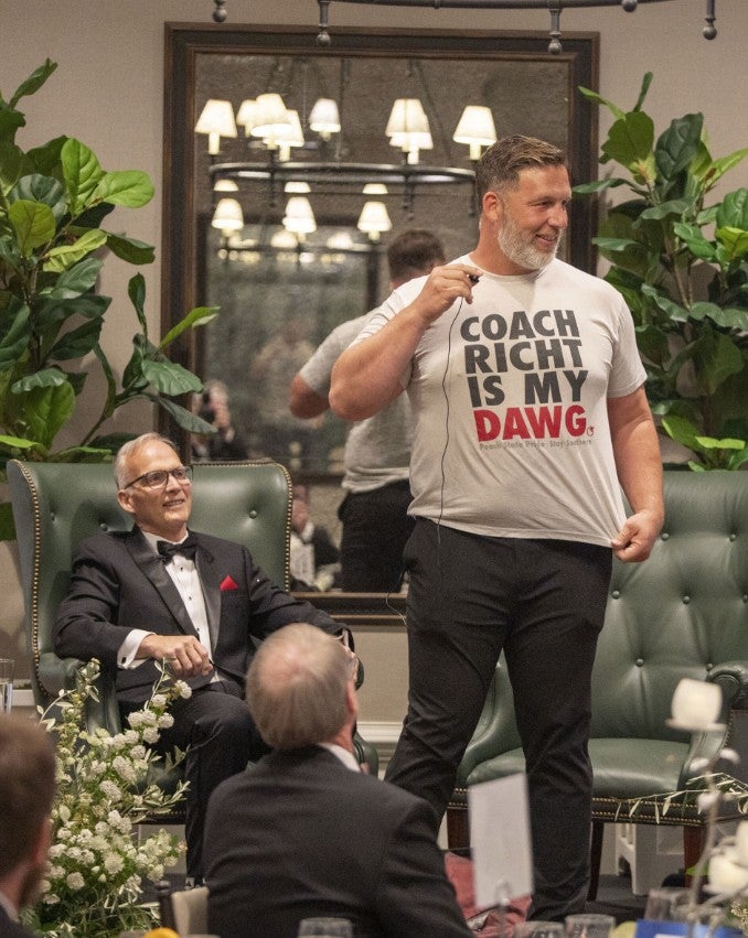MRuss Tanner surprising guests with his shirt at the 2026 St. Mary’s Celebration of Courageous Leaders Gala. (Photo Credit: Wingate Downs)