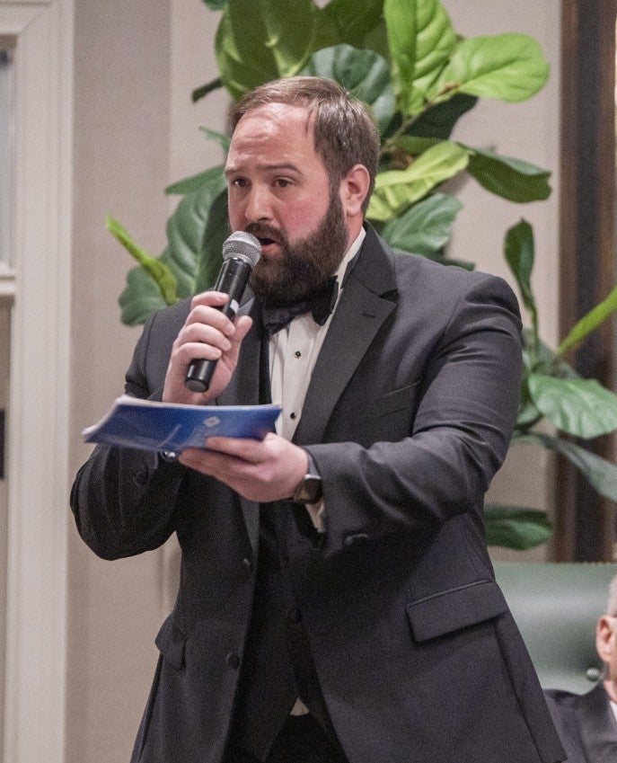 The auctioneer at during the live auction at the 2026 St. Mary’s Celebration of Courageous Leaders Gala. (Photo Credit: Wingate Downs)